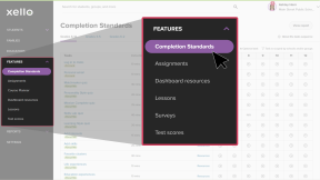 Educator account in Xello with the Features menu open with cursor selecting Completion Standards